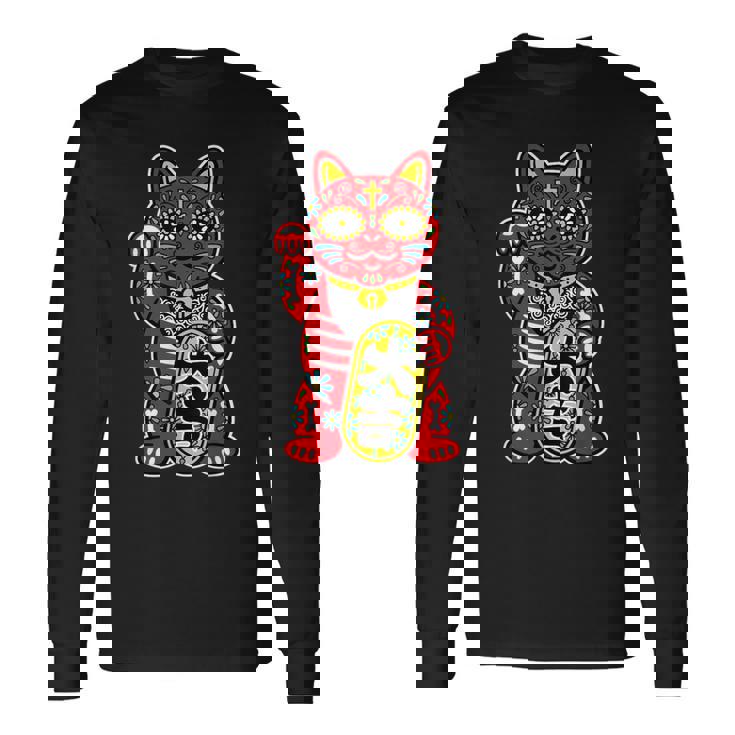 メキシコ 死者の日 と 招き猫 ネコ を組合わせた シュガー スカル キャット 赤 レッド 大吉 猫好き ねこマニア 長袖Tシャツ
