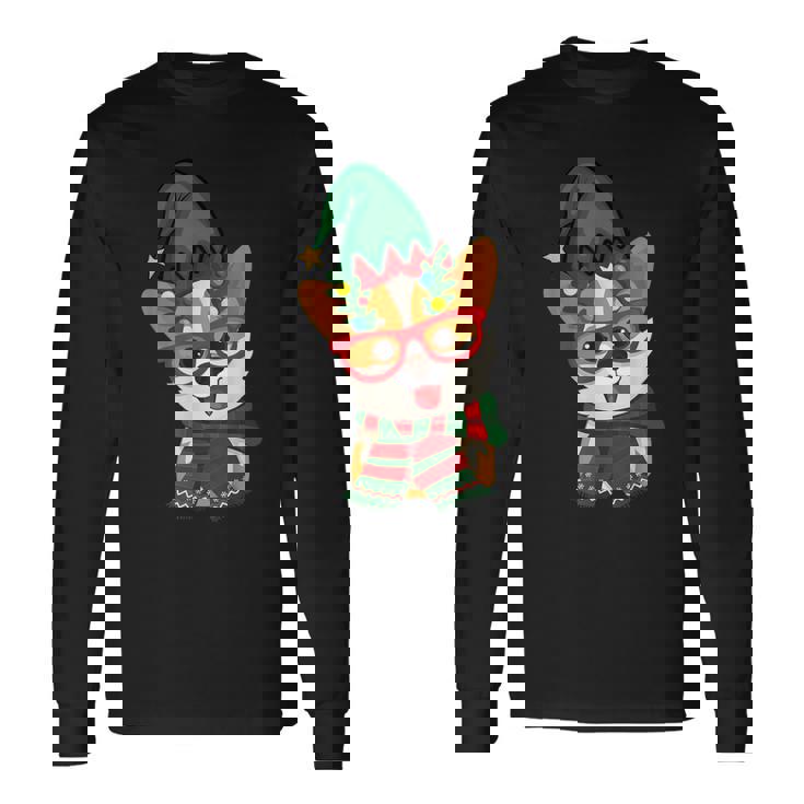 メリークリスマス かわいいオタクウェールズコーギー エルフの帽子とスカーフ付き 長袖Tシャツ