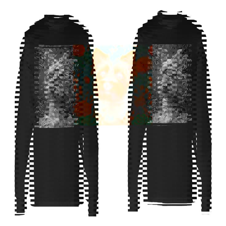 ヨークシャーテリア、ボーホースタイルのグラフィックの周りに多肉植物が描かれています。 長袖Tシャツ