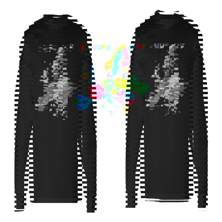 ヨーロッパ地図、国旗、ヨーロッパ諸国 長袖Tシャツ