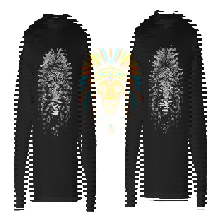 ライオン インディアン ヘッドドレス 羽 部族 ライオン 長袖Tシャツ