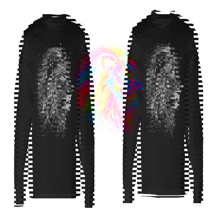 ライオンアート 抽象 カラフル 動物 グラフィック ライオン 長袖Tシャツ