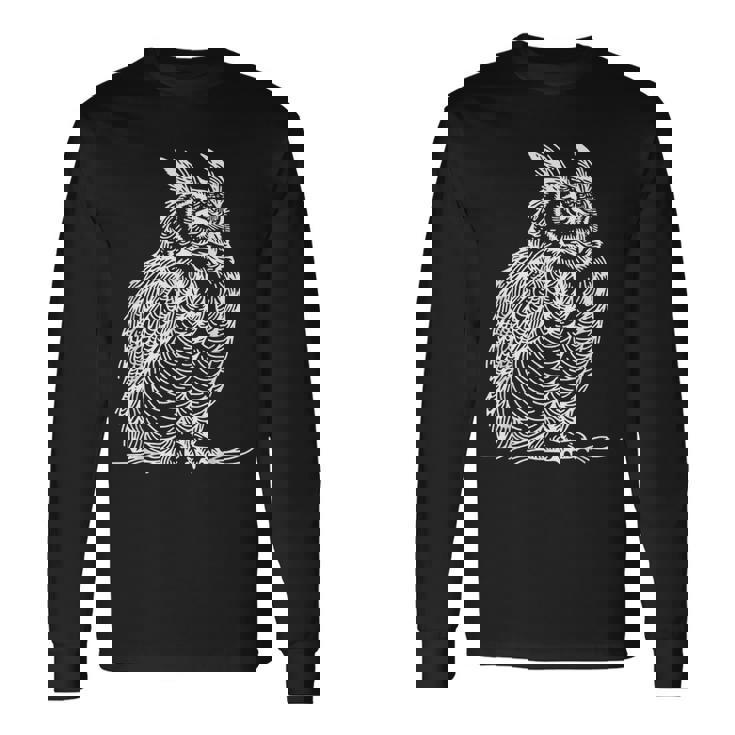 ラインアート 鳥・鳥類学者 オオツノフクロウ 長袖Tシャツ