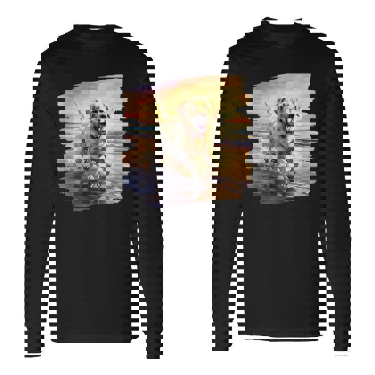 ラブラドールオンザビーチ、ラボ、犬、ラブラドール子犬 長袖Tシャツ