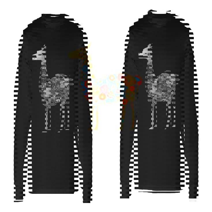 ラマ アルパカ フローラル カラフル 花 ペルーのお土産 長袖Tシャツ