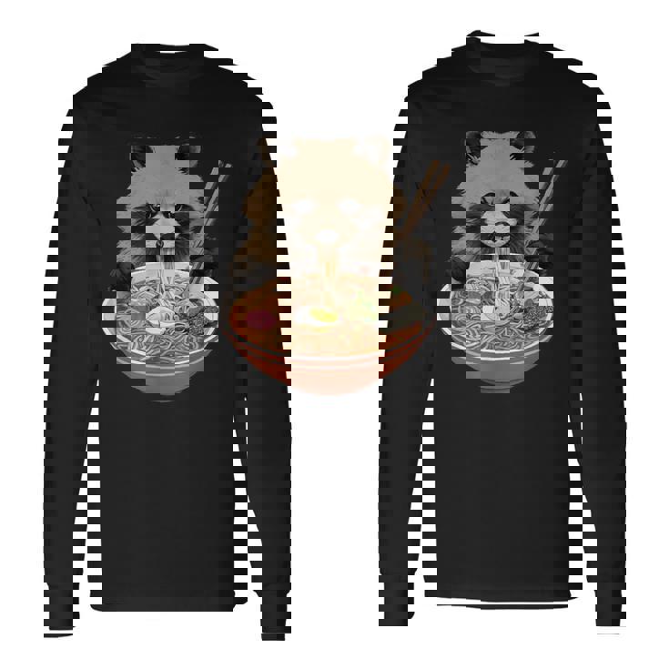 ラーメンたぬき タヌキ おもしろ ユニーク 動物 アニマル 狸 漢字 麺 グラフィック イラスト アニメ 長袖Tシャツ