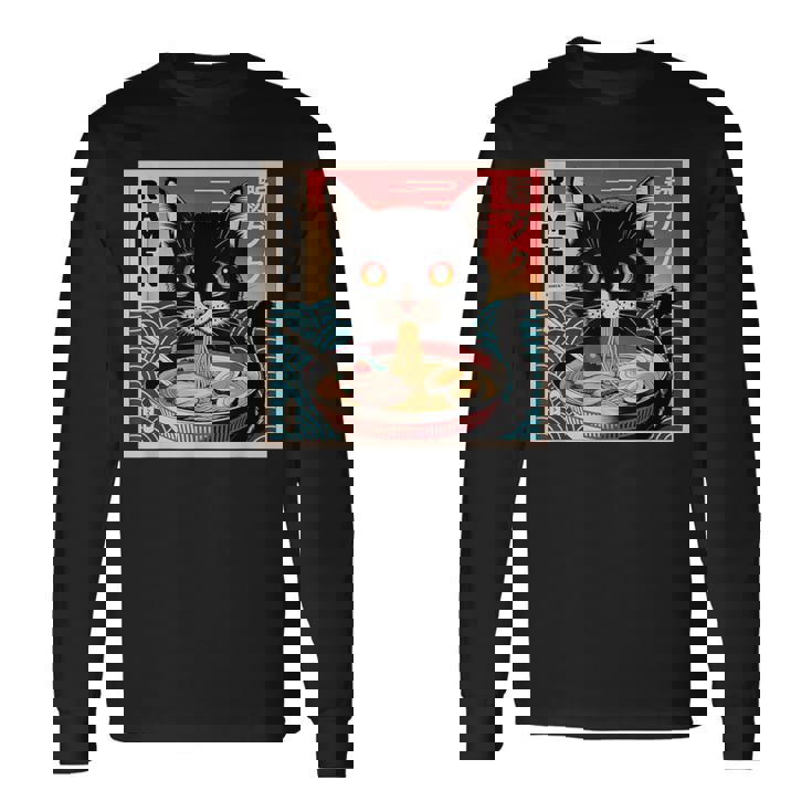 ラーメンと黒猫 和風ビンテージ 長袖Tシャツ