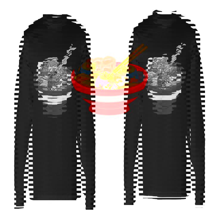 ラーメンを食べる三匹のかわいいカエルのお揃い アニメ恋人 食通 長袖Tシャツ ギフトのアイデア