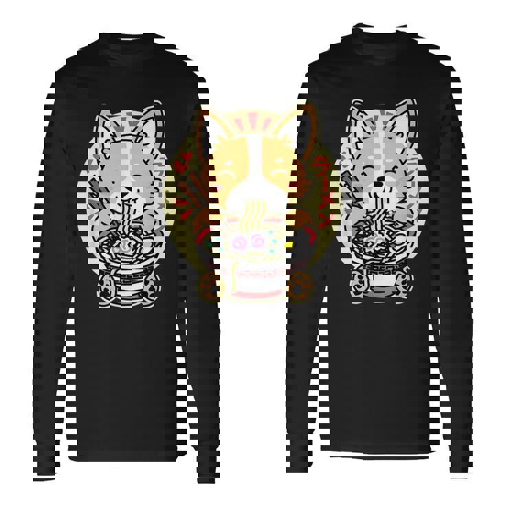 ラーメンを食べる犬 長袖Tシャツ