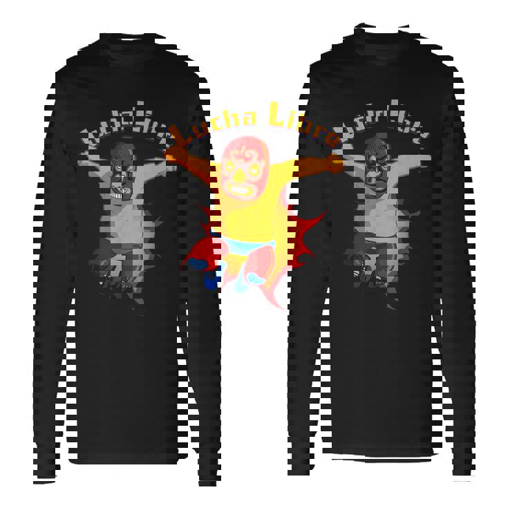 ルチャリブレメキシコ覆面レスラー漫画アクションポーズ 長袖Tシャツ