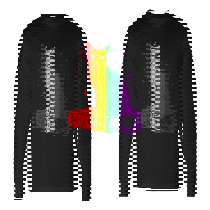 レインボー猫と本と星 Lgbt プライド 長袖Tシャツ
