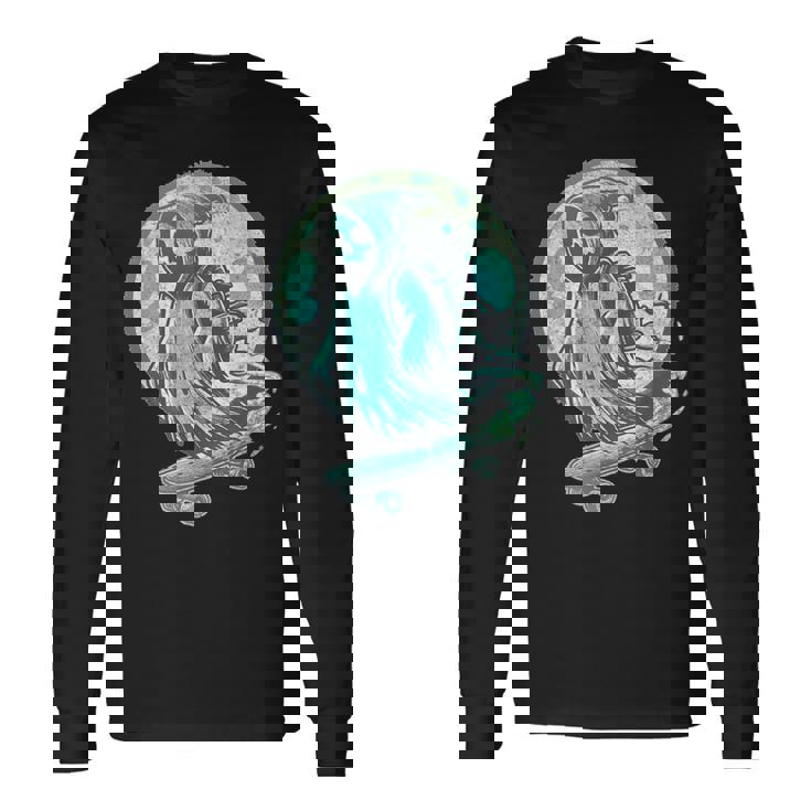 レトロ スケーター オバケ スカル スケートボード ハロウィン 不気味 スケルトン 骸骨 面白い ギフト ストリート 長袖Tシャツ