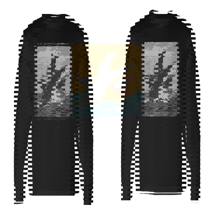 レトロ 猫 噛む サメ ユーモラス 猫 駄洒落 ミーム 猫s サメ 長袖Tシャツ