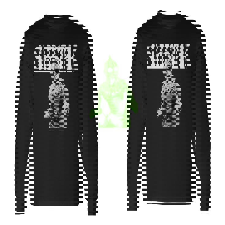 レトロなスリースタック爬虫類エイリアンのグラフィック。 長袖Tシャツ