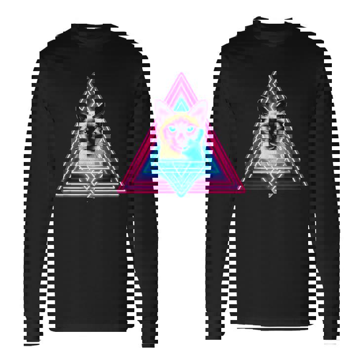 レトロな三角形のピラミッド猫のシャム猫 長袖Tシャツ