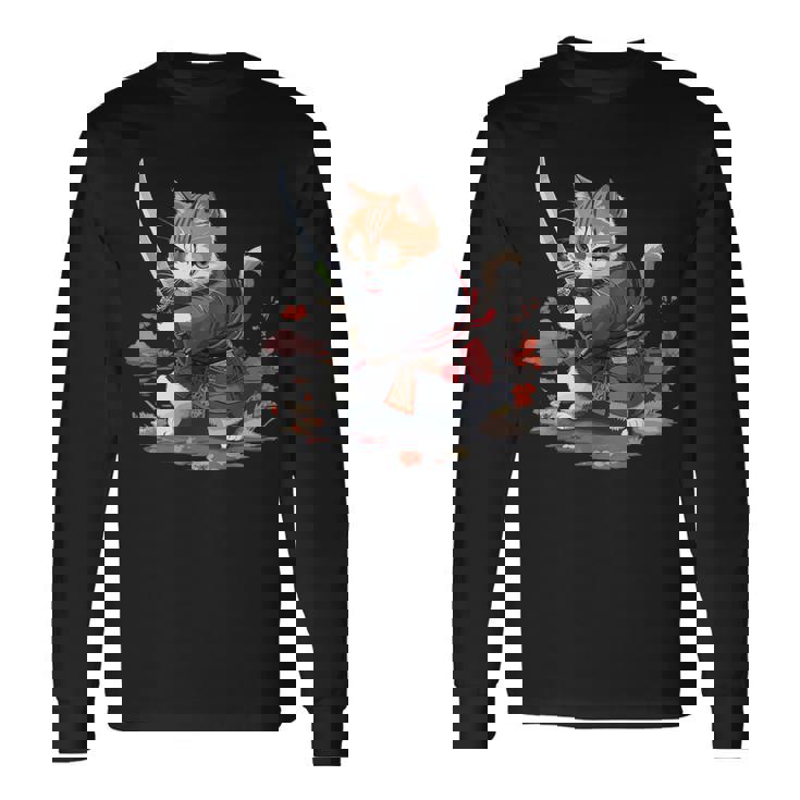 レトロな日本の侍猫グラフィック 猫愛好家 長袖Tシャツ