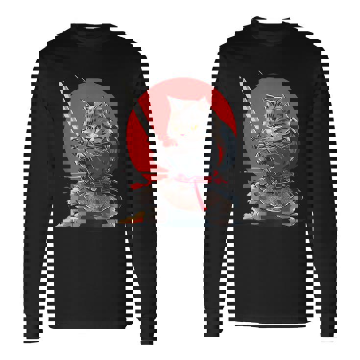 レトロな日本の侍猫グラフィック 猫愛好家 長袖Tシャツ