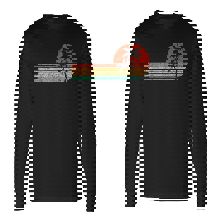 レトロスタイル トロピカル ビンテージ 夕日 ビーチ ヤシの木 長袖Tシャツ