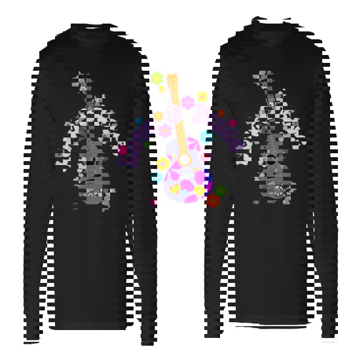 レトロフラワーパワーギター-ラブアンドピース2-ファンファン 長袖Tシャツ