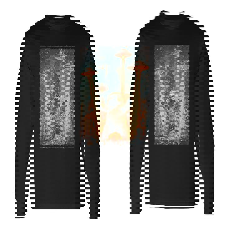 レトロ日本アニメ怪獣モンスターナマケモノセルフィー東京ufo 長袖Tシャツ