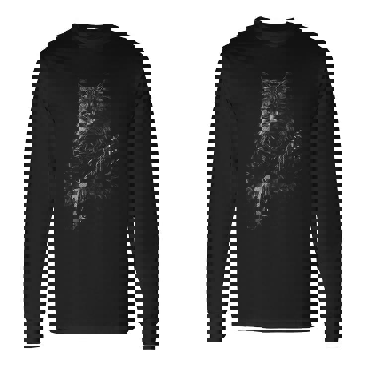 ロックンロールバンド ロックキャット ギターを弾く面白いギター猫 長袖Tシャツ
