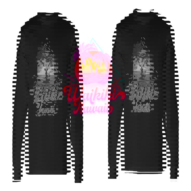 ワイキキ ビーチ バケーション ハワイ サーフ サンセット サーファー レトロ 80年代 長袖Tシャツ