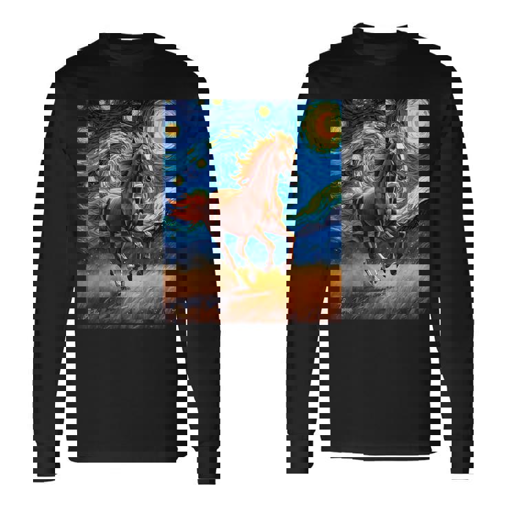 ヴァンゴッホの星空の夜ワイルドホースマスタングアニマル愛好家 長袖Tシャツ