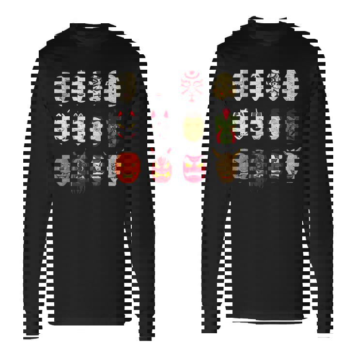 ヴィンテージ グラフィカル 日本 アート 天狗 きつね ひょっとこ マスク 長袖Tシャツ