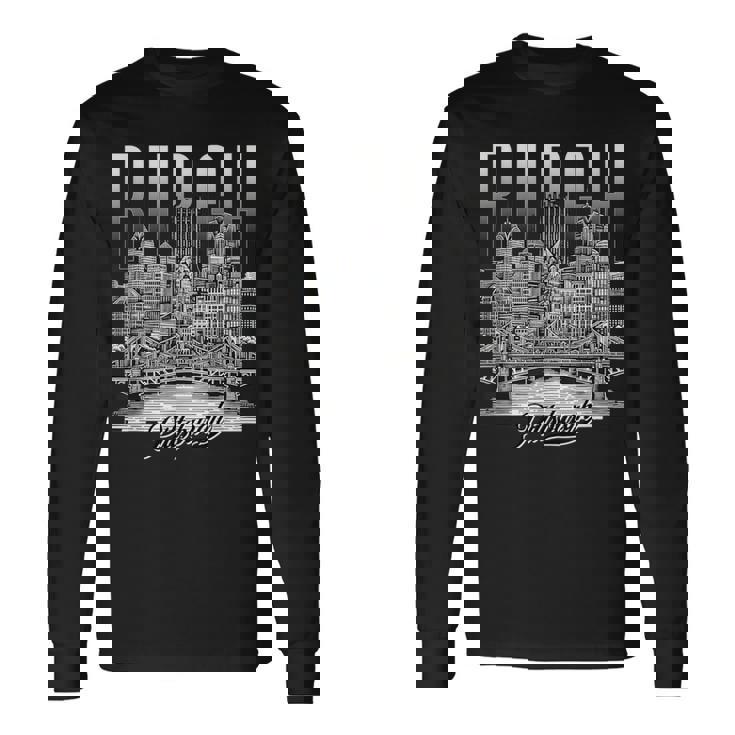 ヴィンテージ ピッツバーグ スカイライン ドローイング バーグ スチール シティ ブリッジ 長袖Tシャツ ギフトのアイデア