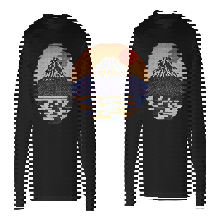 ヴィンテージ 和 富士山 山の上の日本の舞う太陽 長袖Tシャツ