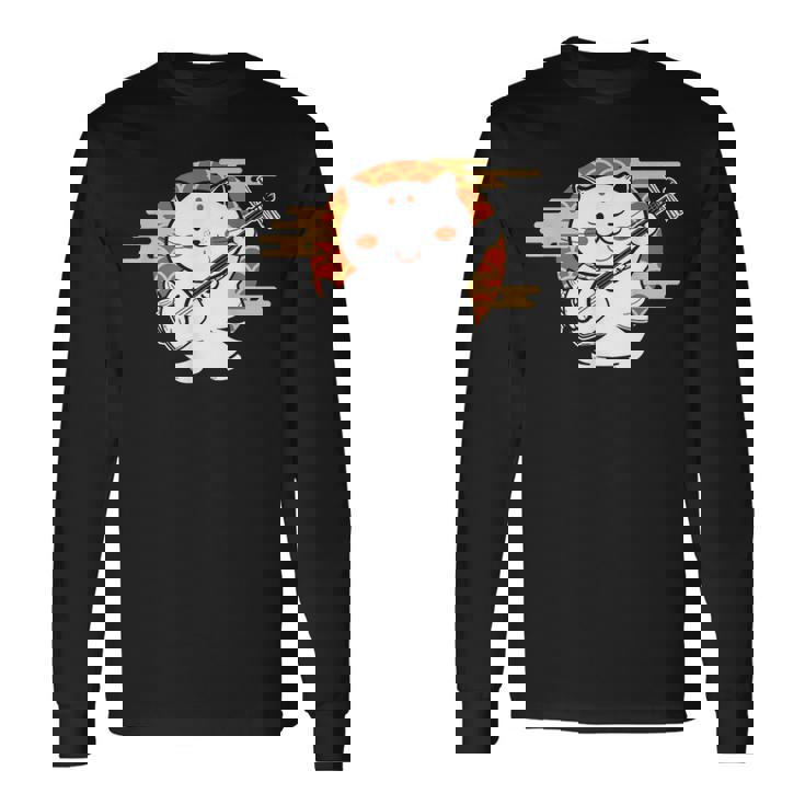 三味線で遊ぶ猫 長袖Tシャツ