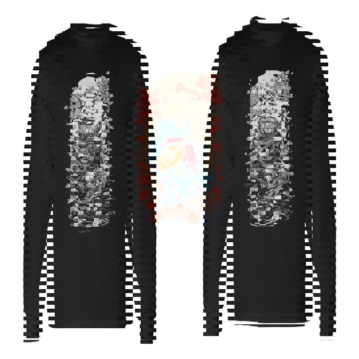 三味線猫 ヴィンテージ 日本 鬼 デザイン 長袖Tシャツ