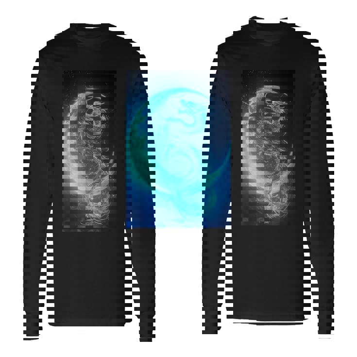 三日月のドラゴン ブルーギャラクシー天文学 アート 長袖Tシャツ