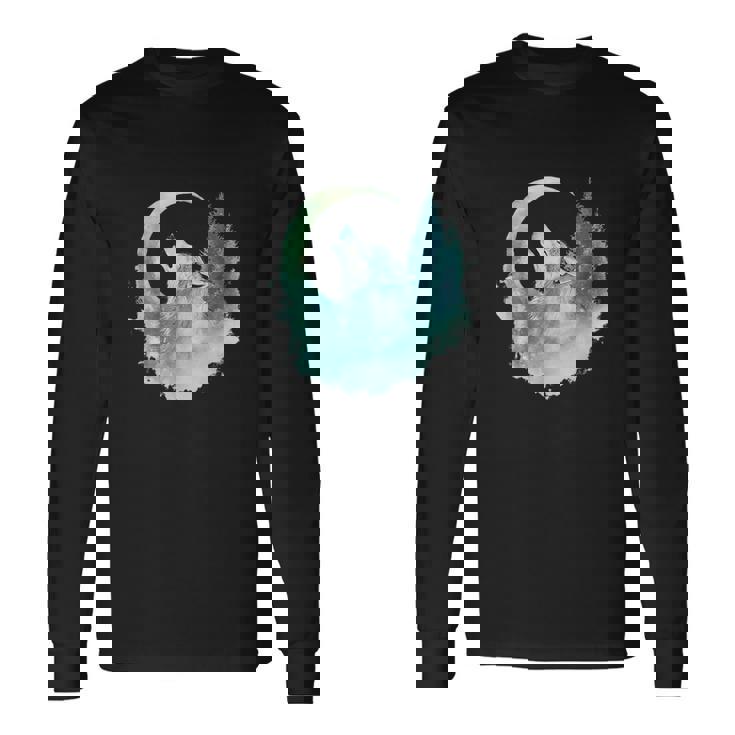 三日月の下で遠吠えするオオカミ 野生動物 長袖Tシャツ ギフトのアイデア