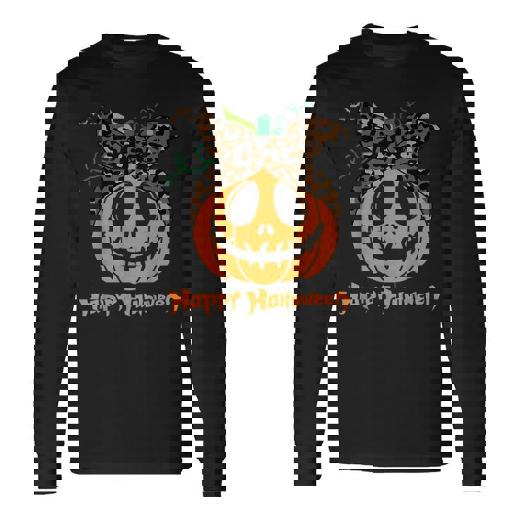 不気味なカボチャ ヒョウ柄 乱雑なお団子 ハロウィン 面白い 長袖Tシャツ