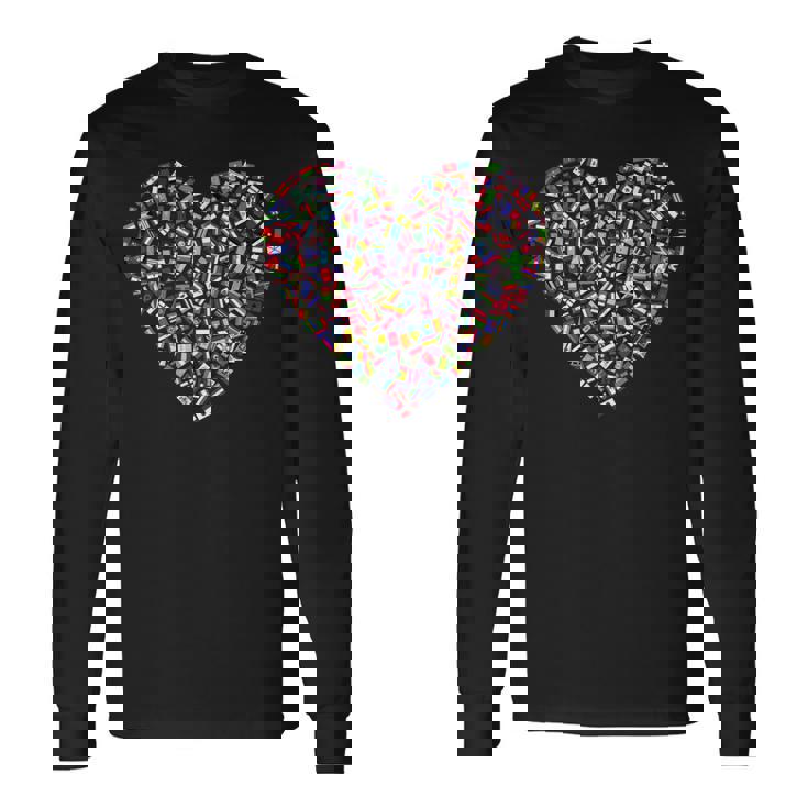 世界国旗 ハート 長袖Tシャツ