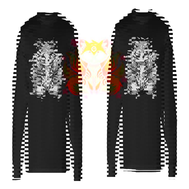 九尾 狐 きつね 日本の桜 長袖Tシャツ