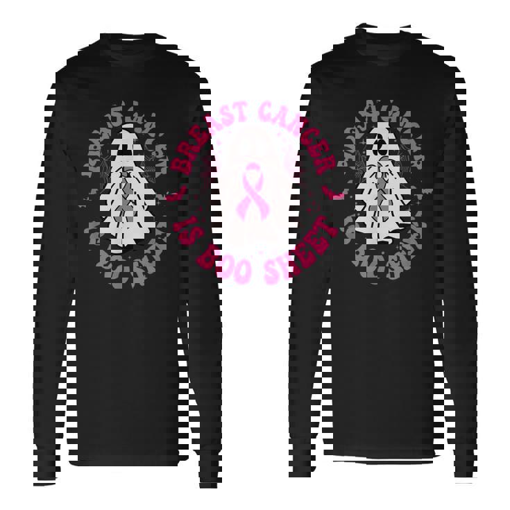 乳がんはブーシート ゴースト ピンクリボン ハロウィン 長袖Tシャツ