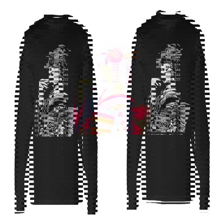 伝統的な着物のエレガントな日本の芸者のイラスト 長袖Tシャツ