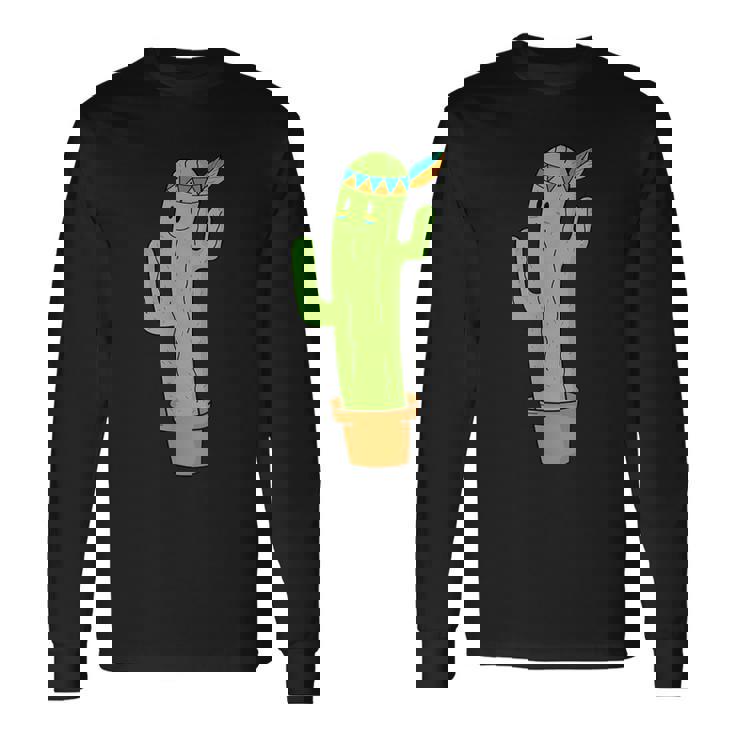 先住民のサボテンと頭飾りと羽 長袖Tシャツ