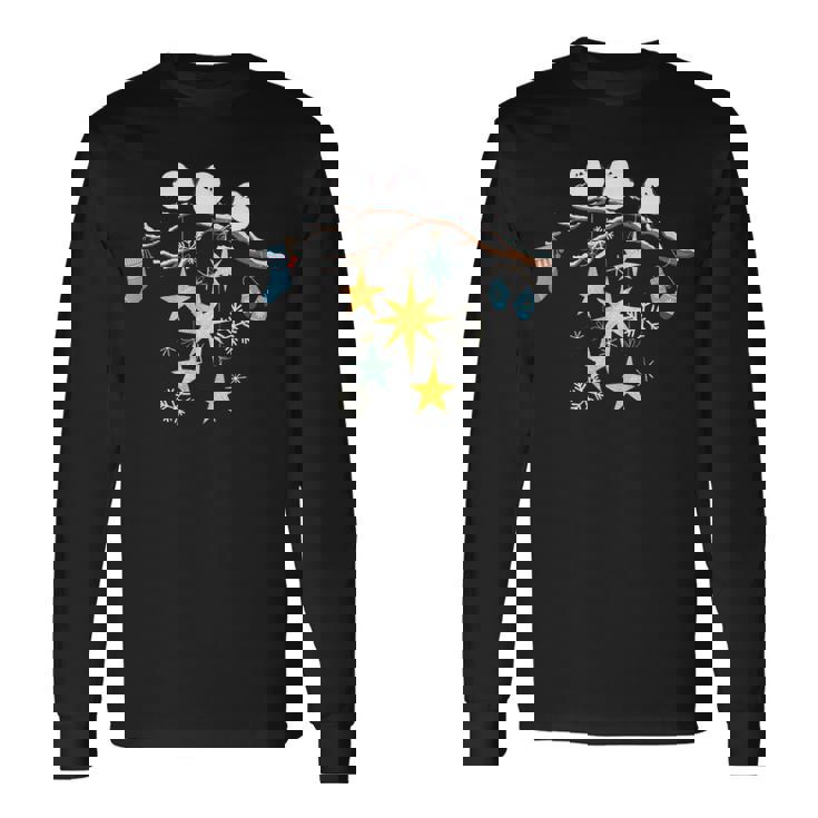 冬の飾り付けを楽しむ北海道の小鳥 シマエナガ 雪の結晶 長袖Tシャツ