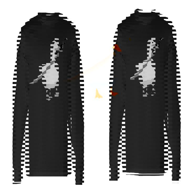 刀を持ったアヒルと剣を持つアヒル 刀包丁 ガチョウ 長袖Tシャツ