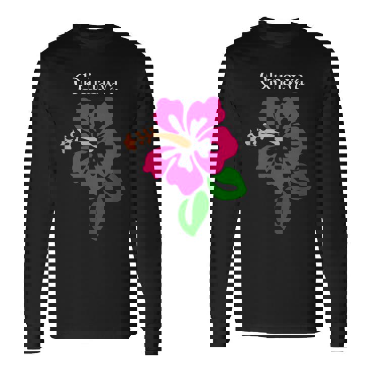 南国沖縄島パラダイス ハイビスカス アートイラスト 長袖Tシャツ