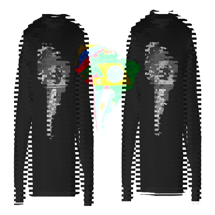 南米大陸地図 旗付き 長袖Tシャツ