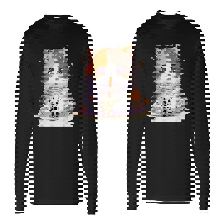 原宿竹下通りの可愛い子猫 アニメ好き オタクを癒すタピオカ茶 長袖Tシャツ