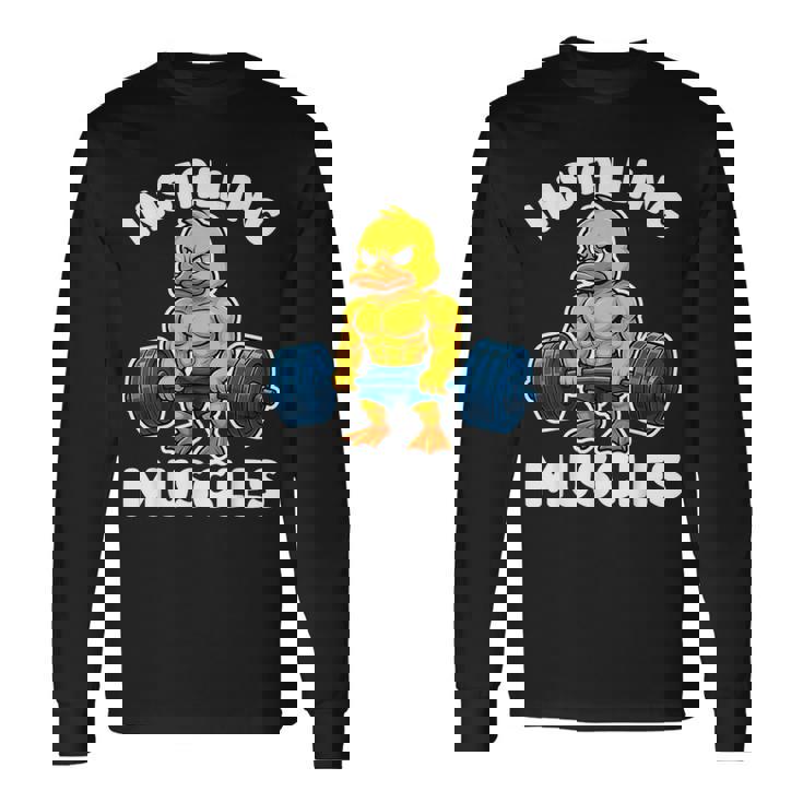 取り付け 筋肉 アヒル ウェイトリフティング フィットネス ジム 男の子 男性 長袖Tシャツ