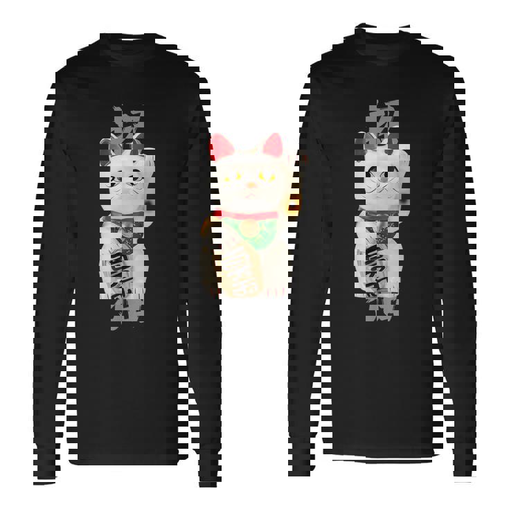 和風招き猫デザイン 縁起物アート 招福と金運アップ 長袖Tシャツ