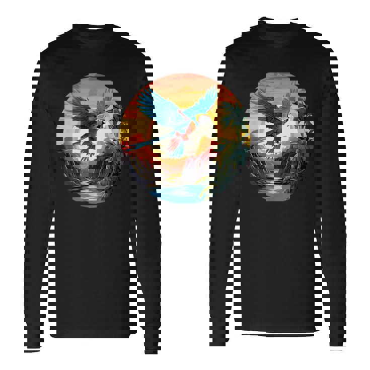 夕日の美しいコンゴウインコ、スカーレットコンゴウインコ 長袖Tシャツ