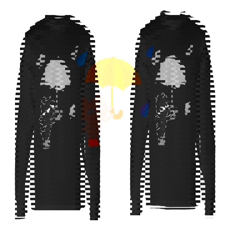 大人かわいい絵本の猫 雨の日 長袖Tシャツ