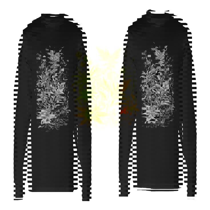 大麻植物とつぼみ 420 草 麻 サティバ インディカ ポットヘッド 長袖Tシャツ